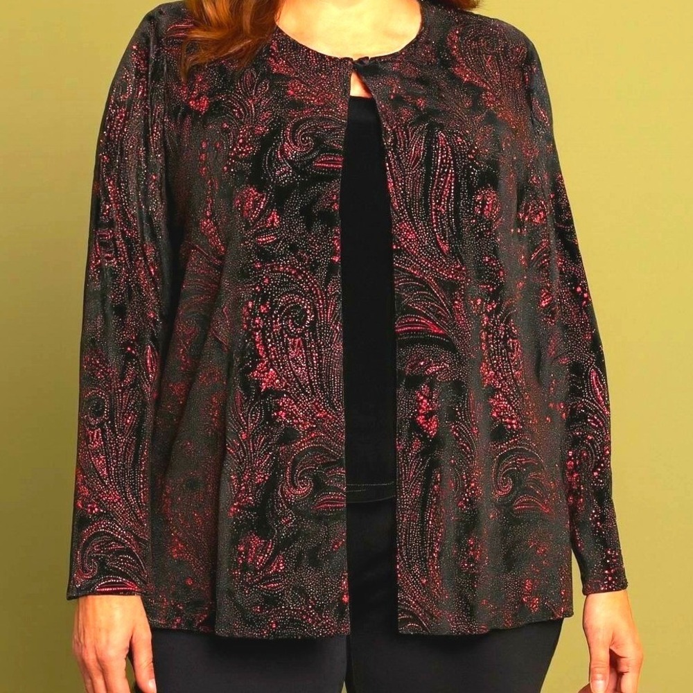 Prima Anna Cardigan Paisley Metallic Velvet Holiday 2X Black Red Open Front